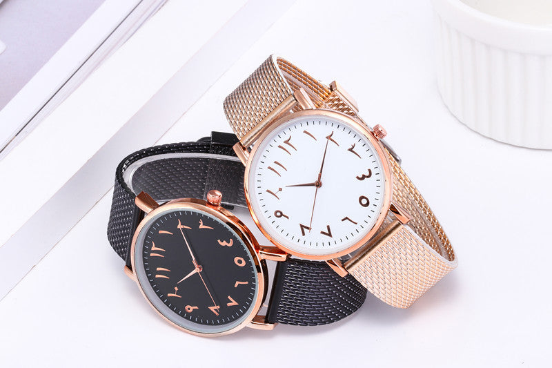 Elevate your style with our Creative Quartz, Couple, and Digital Mesh Band Watches. Shop now! color's are white, black, light black and golden face left front left