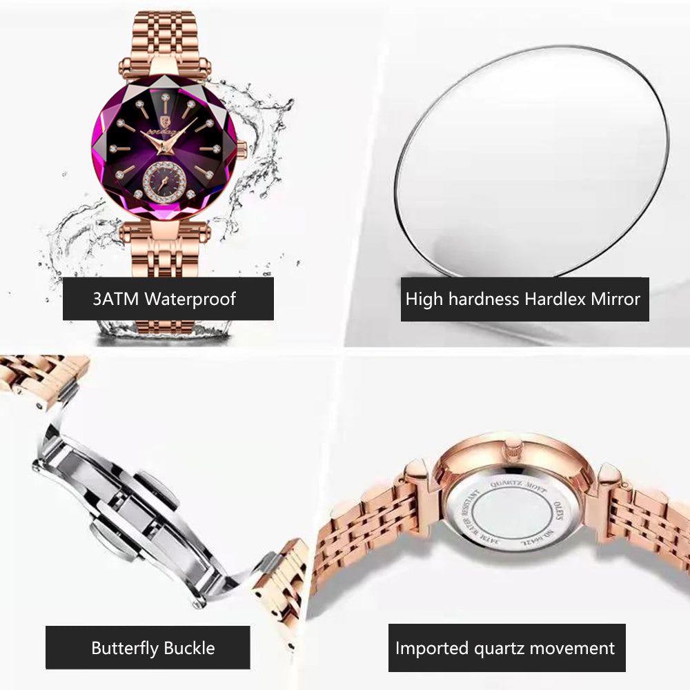 Stylish, waterproof quartz watch for women—perfect for everyday wear, sports, and travel. color black, golden, light golden, white. face front and back 