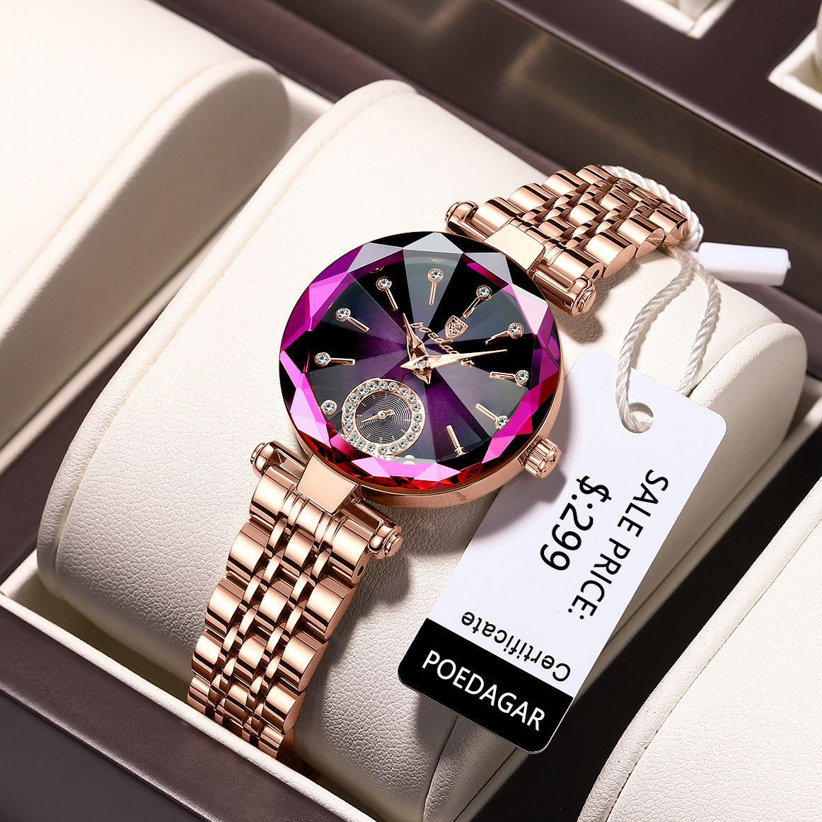 Stylish, waterproof quartz watch for women—perfect for everyday wear, sports, and travel. color golden, black and purple. face up left 