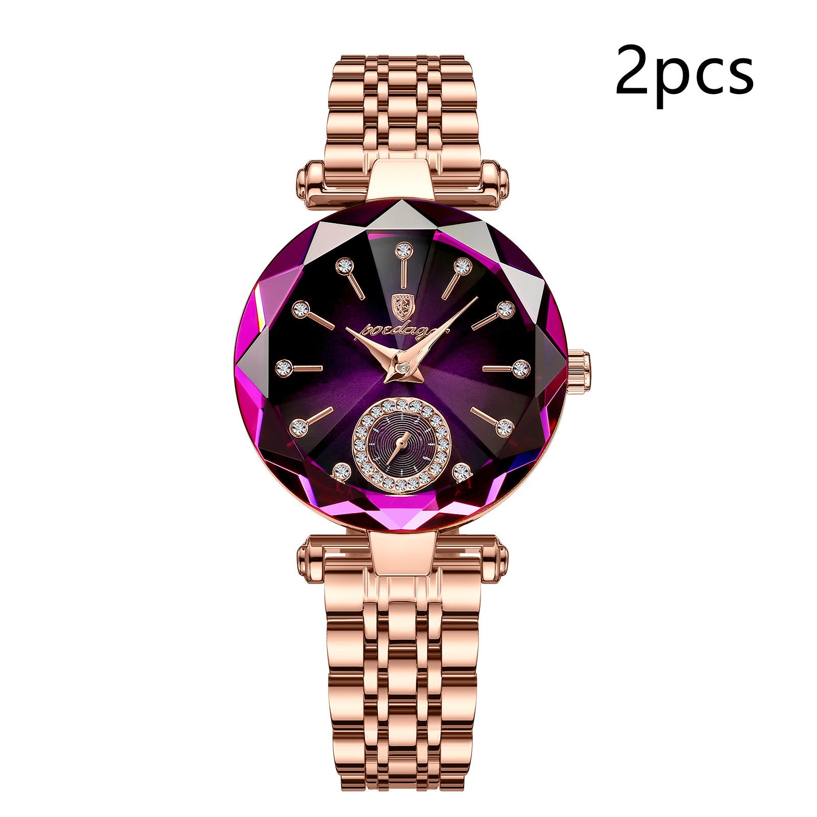 Stylish, waterproof quartz watch for women—perfect for everyday wear, sports, and travel. color golden, purple and black . face front  