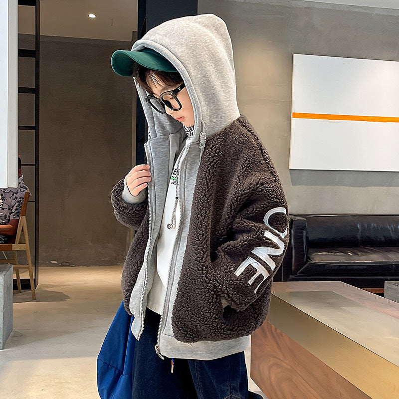 Stay cozy in style! Thickened warm tops for kids—perfect for chilly days and outdoor adventures! Color's are  White, black and ash. face left 