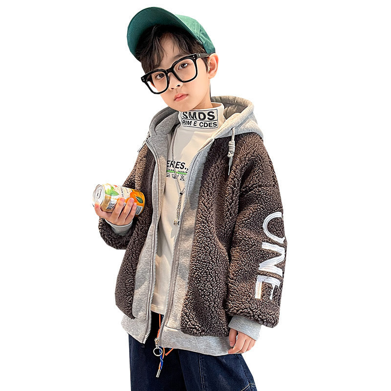 Stay cozy in style! Thickened warm tops for kids—perfect for chilly days and outdoor adventures! Color's are white, black and ash. face left 