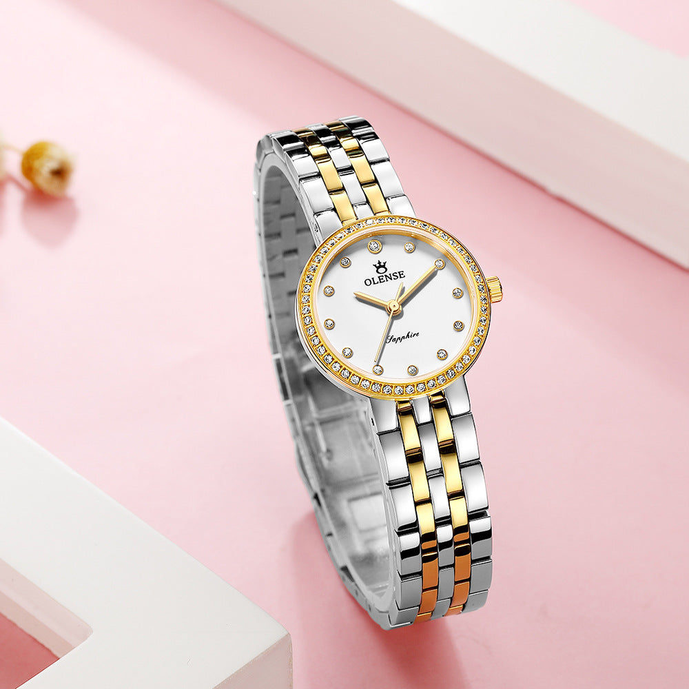 Timeless elegance and durability—our waterproof stainless steel quartz watch for the modern woman! color golden and white 