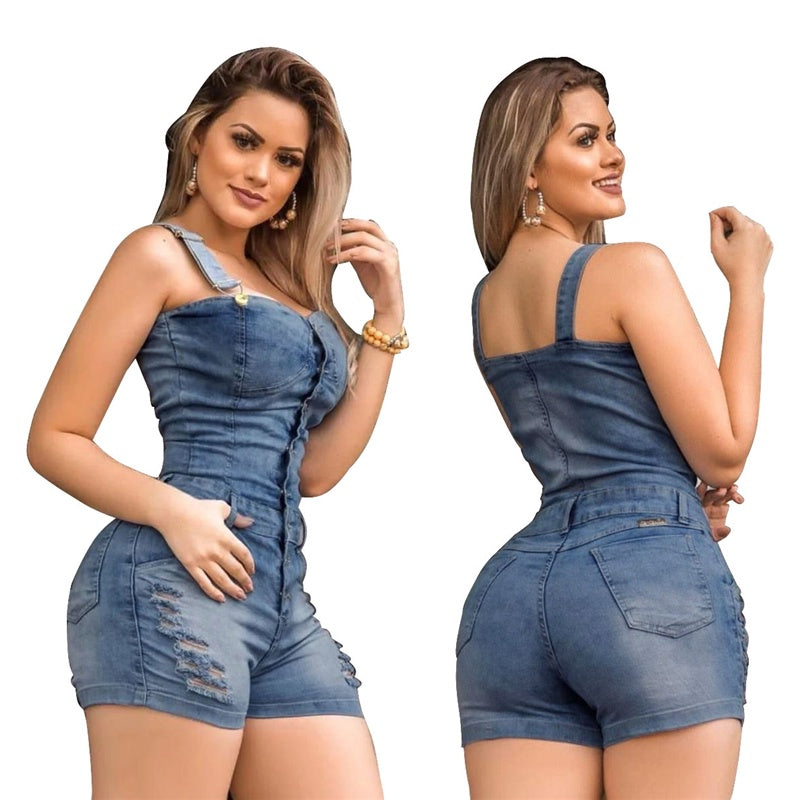Embrace style & comfort with our Plus Size Elegance Cotton Jeans Short Romper – chic & effortless!